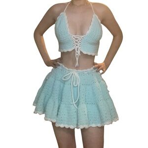 Crochet Halter Top and Skirt Set in Light Blue and white